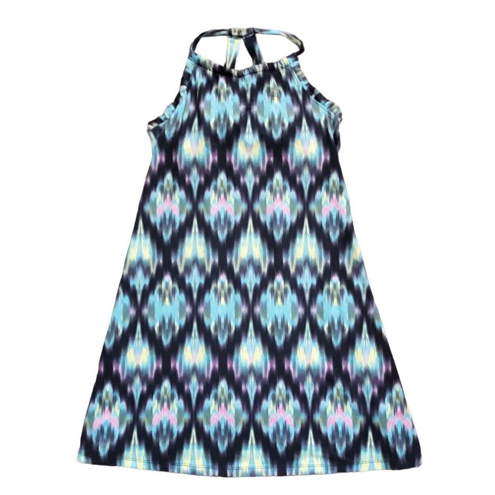 Tehama Athletic Strappy Halter Watercolor Geo Stretchy Mini Dress, Size Medium